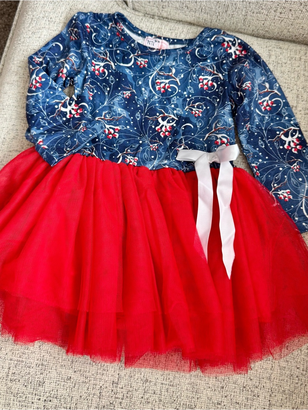 Petite Girls' Red Tulle Skirt & Navy Floral Top Dress